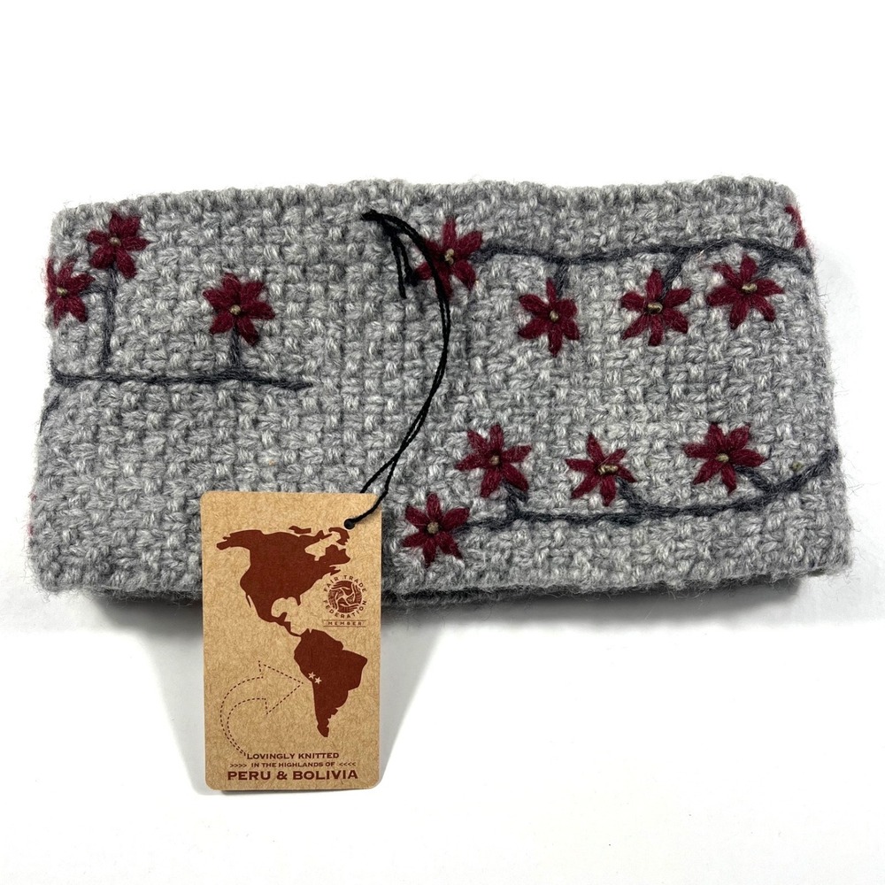 Hand Knit Alpaca Blend Fleece Lined Ear Warmer Gray Red Embroidered Sustainable